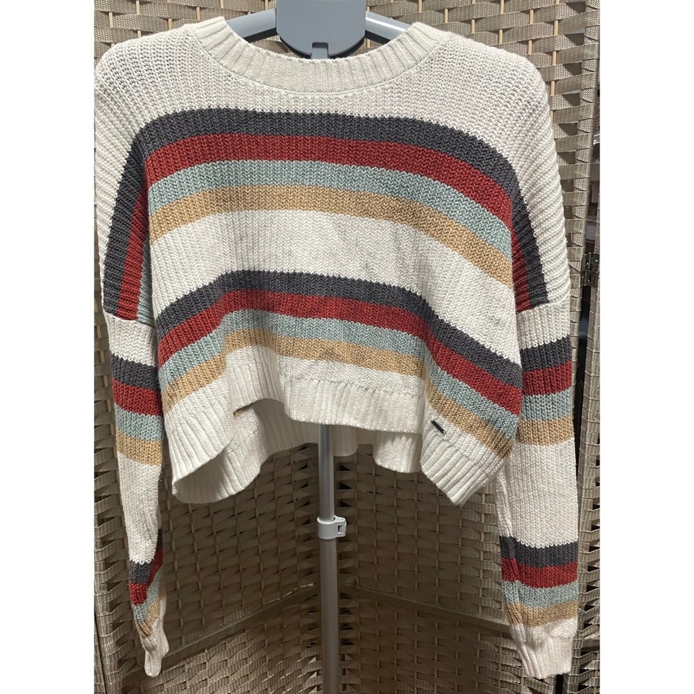 Hollister Womens Striped Cropped Shaker Knit Crewneck Sweater Small Multi Color